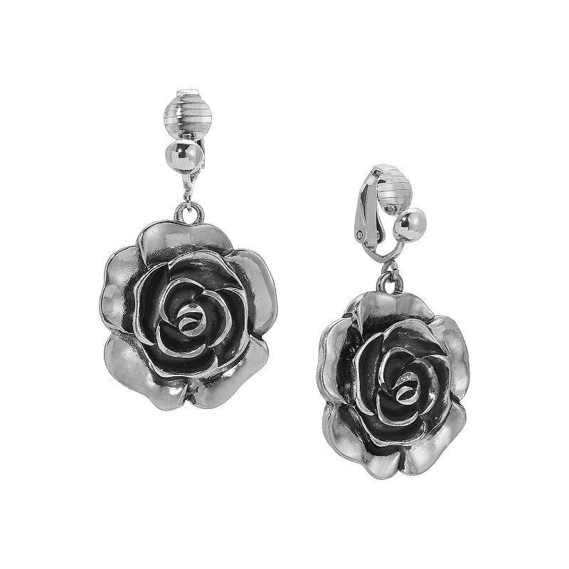 1928 Silver Tone Flower Clip-On Drop Earrings, Womens, Grey Product Image