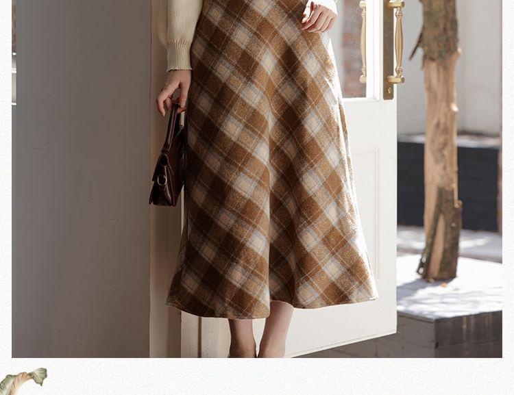 Set: Long-Sleeve Ribbon Neck Plain Top + High Rise Plaid Midi A-Line Skirt Product Image