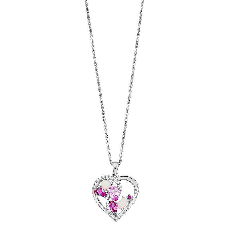 Sterling Silver Lab-Created Sapphire & Lab-Created Opal Heart Pendant Necklace, Womens Pink Product Image