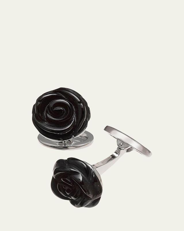 Mens Black Onyx & Sterling Silver Carved Rose Cufflinks Product Image