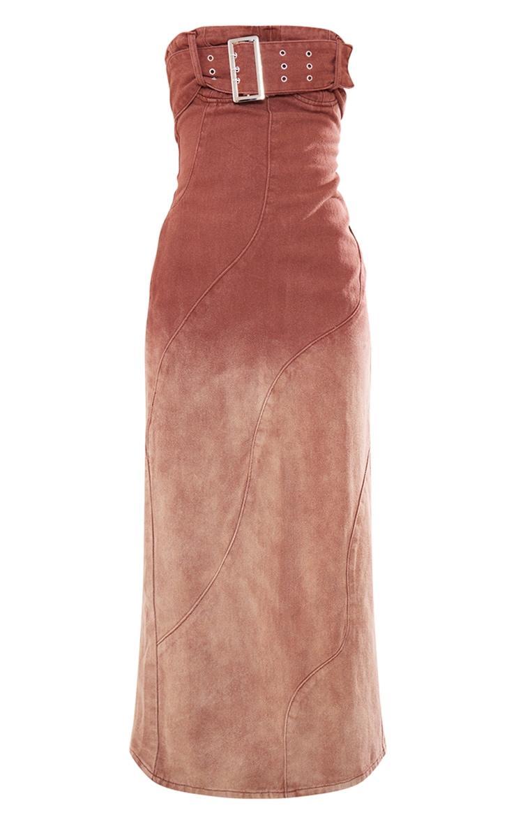 Brown Ombre Wash Bandeau Belted Denim Maxi Dress Product Image