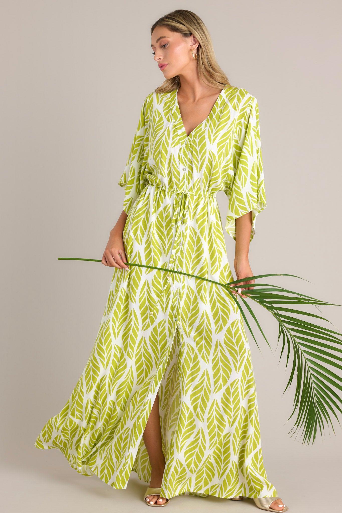 Sunset Palms Lime Green Tropical Print Button Front Maxi Dress Product Image