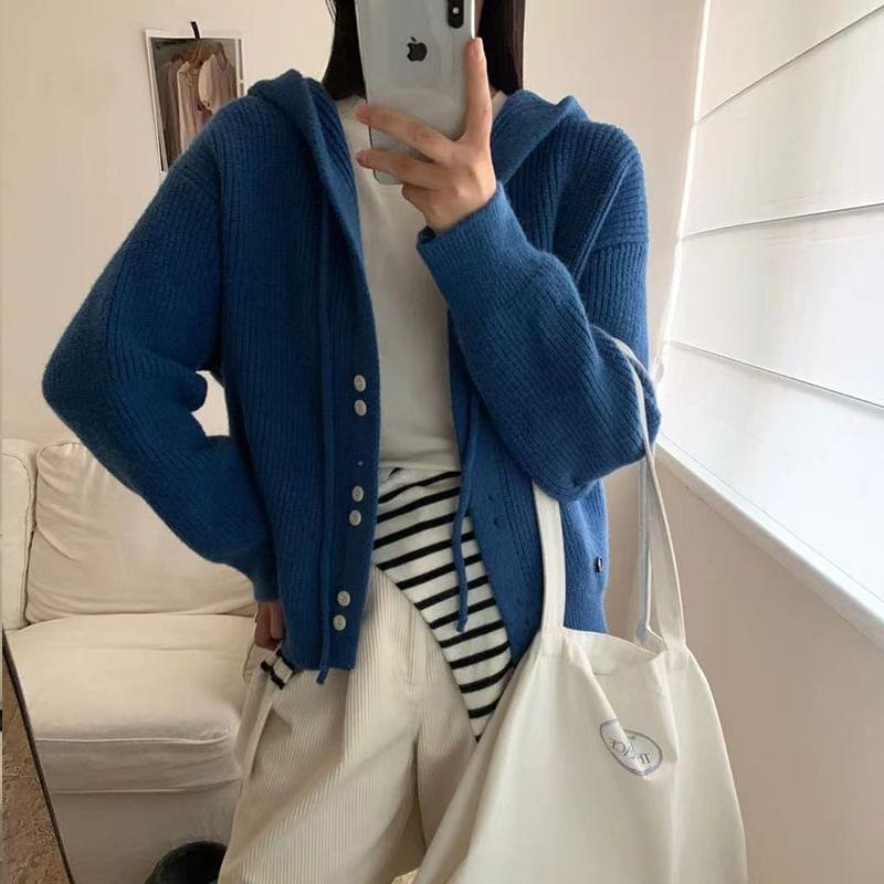 Plain Hooded Ribbed Cardigan Product Image