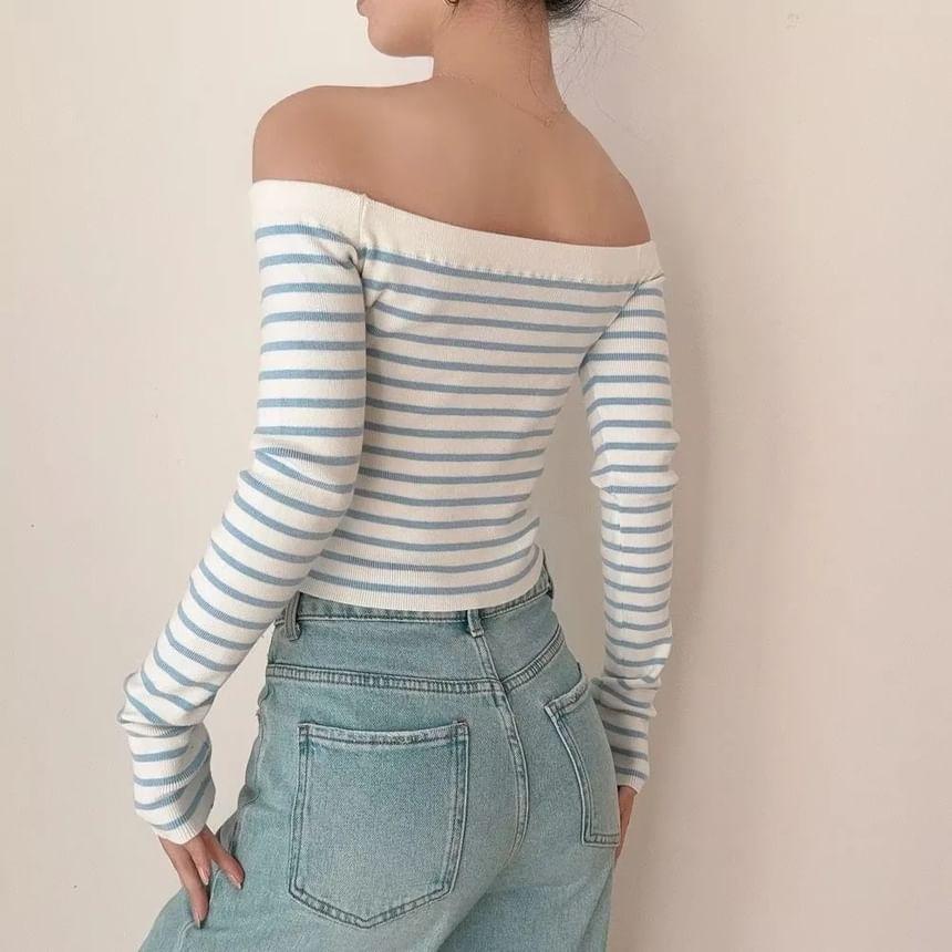 Long-Sleeve Off Shoulder Striped Crop Knit Top Product Image