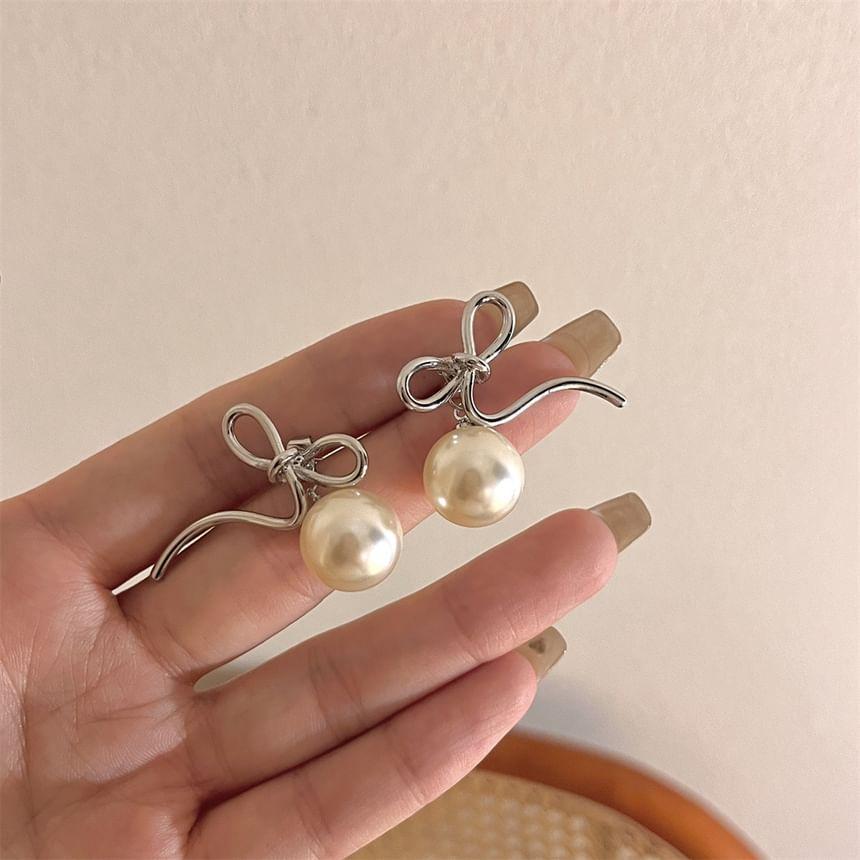 Alloy Bow Faux Pearl Earrings Product Image