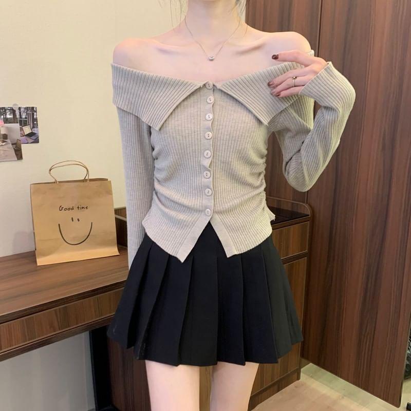 Long-Sleeve Off-Shoulder Plain Button Ribbed Knit Top Product Image