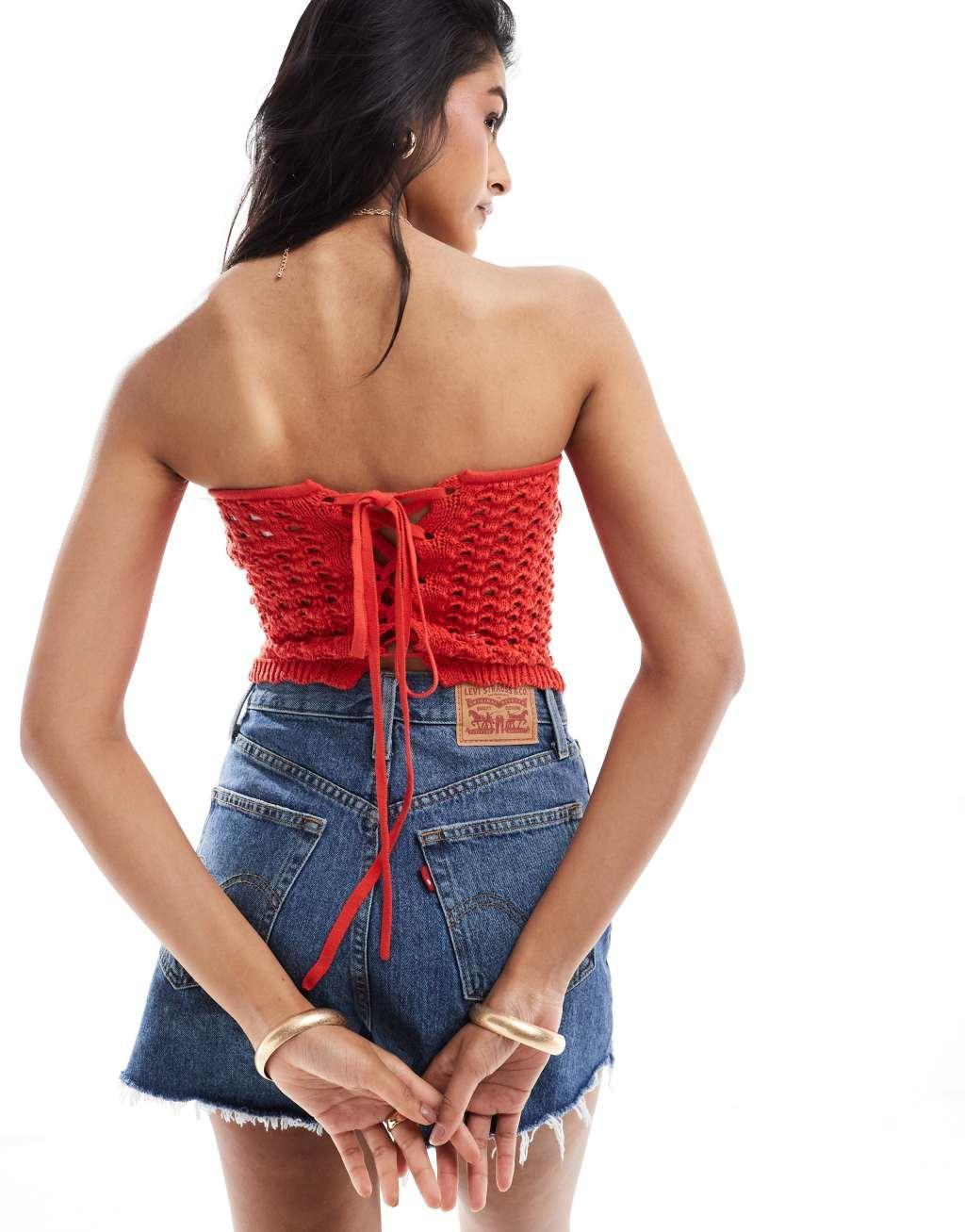 ASOS DESIGN knit bandeau crochet top in red Product Image