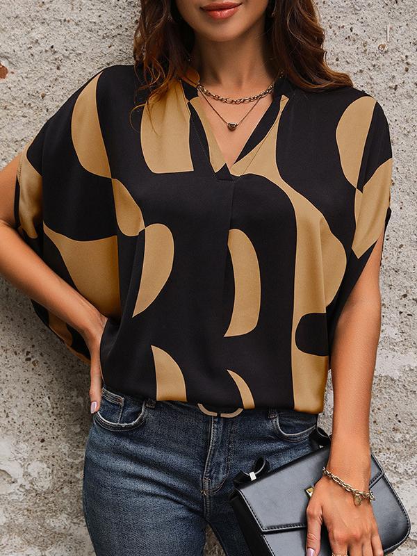 Batwing Sleeves Loose Printed Split-Joint V-Neck Blouses&Shirts Tops Product Image