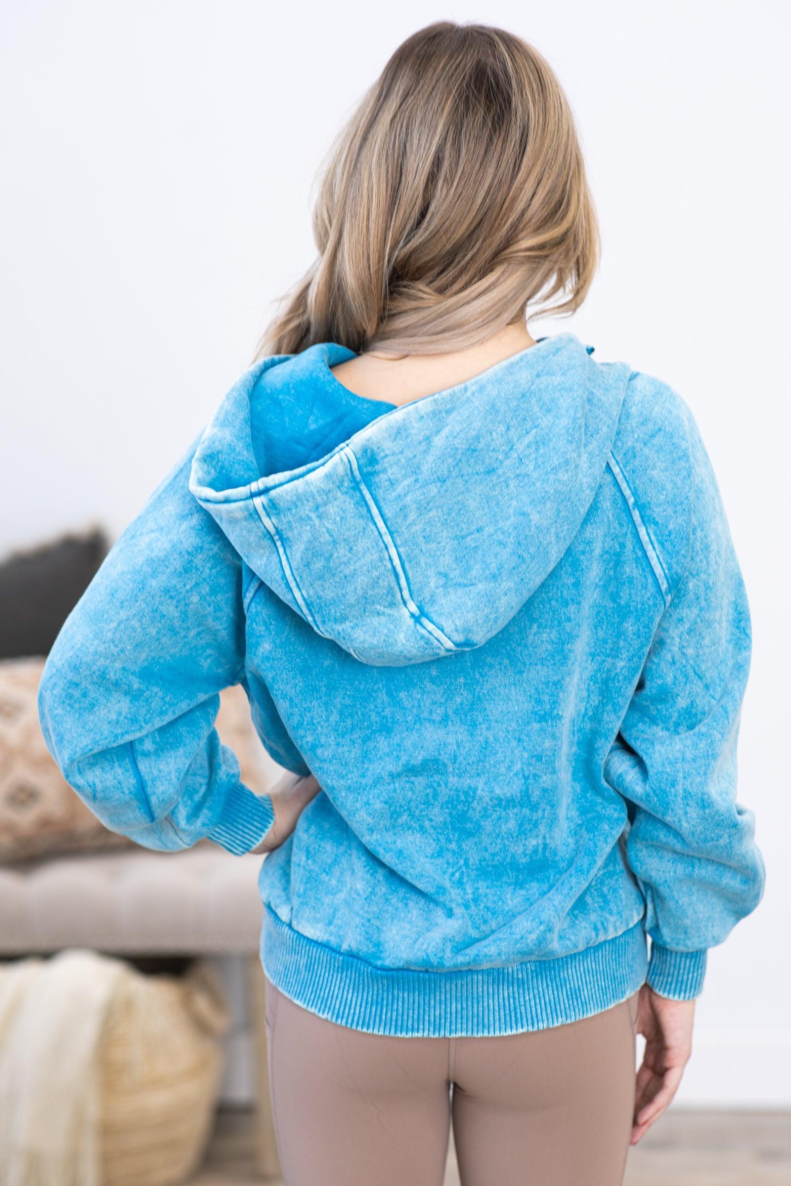 Sky Blue Washed Fleece 1/4 Zip Hoodie Product Image