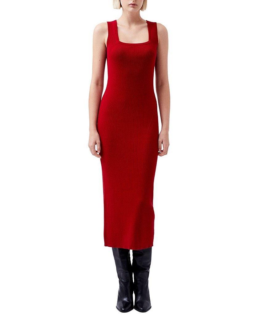 French Connection Mozza Ribbed Knit Square Neck Sleeveless Bodycon Midi Dress Product Image