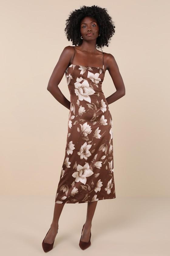 Naturally Serene Brown Floral Satin Seamed Midi Dress Product Image