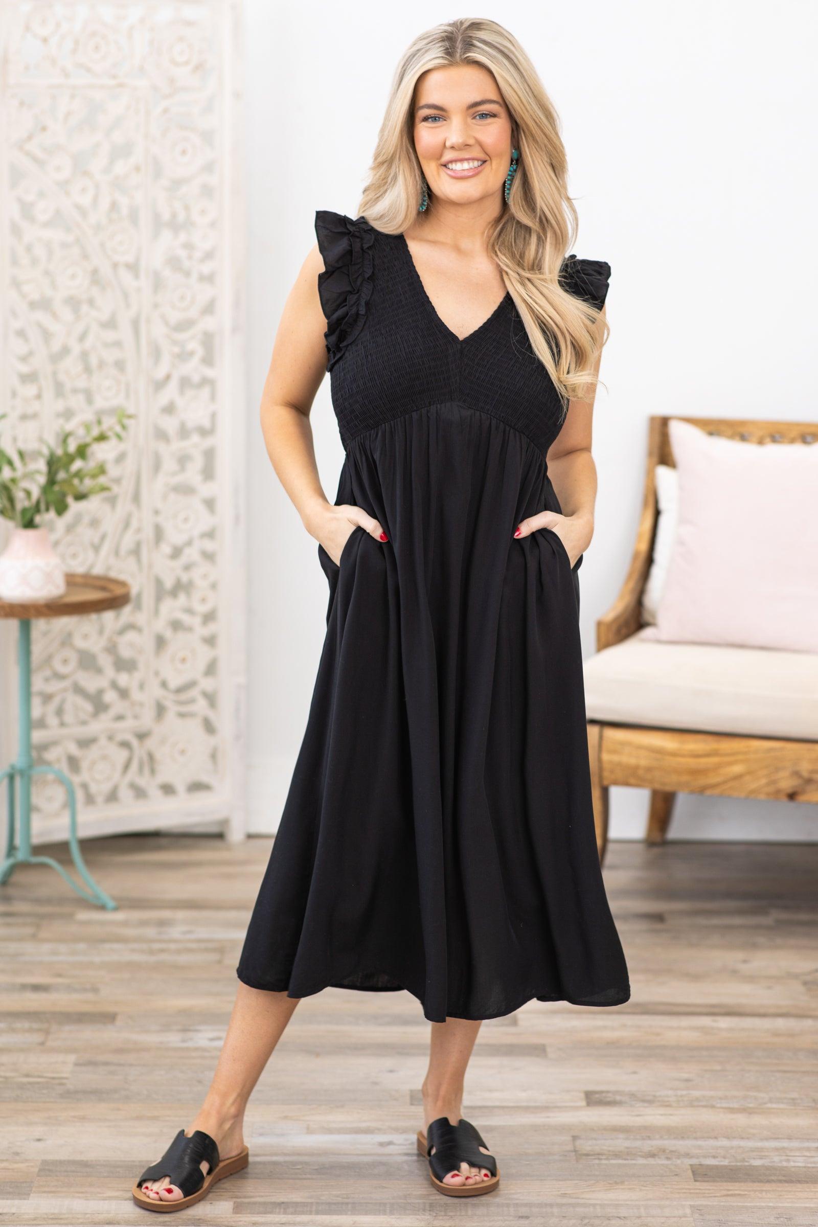 Black Smocked V-Neck Midi Dress Product Image