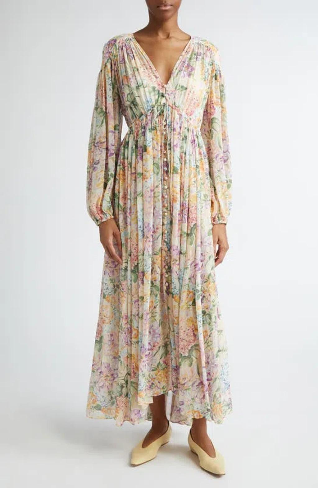 ZIMMERMANN Halliday Floral Gathered Maxi Dress In Multi Watercolour Floral Product Image