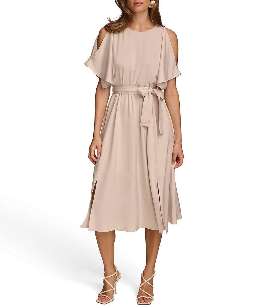 Donna Karan Short Sleeve Cold Shoulder Crew Neck Tie Waist Satin Midi Dress Product Image