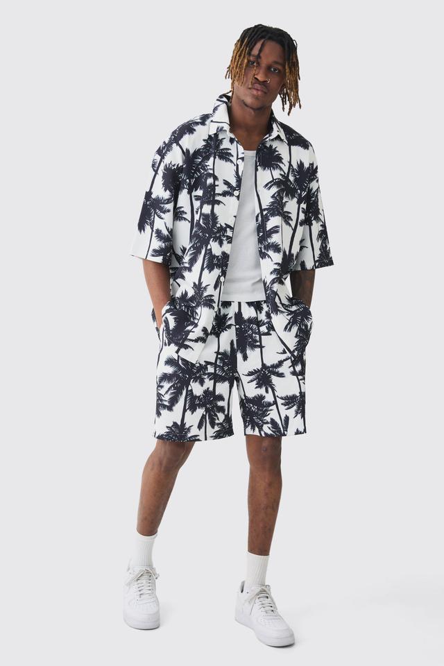 Tall Palm Printed Oversized Short Sleeve Pleated Shirt & Short Set | boohooMAN USA Product Image