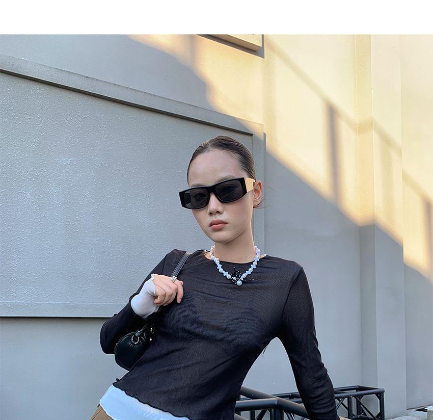 Long-Sleeve Round Neck Mock Two-Piece Two Tone Lettuce Edge Mesh Crop Top Product Image