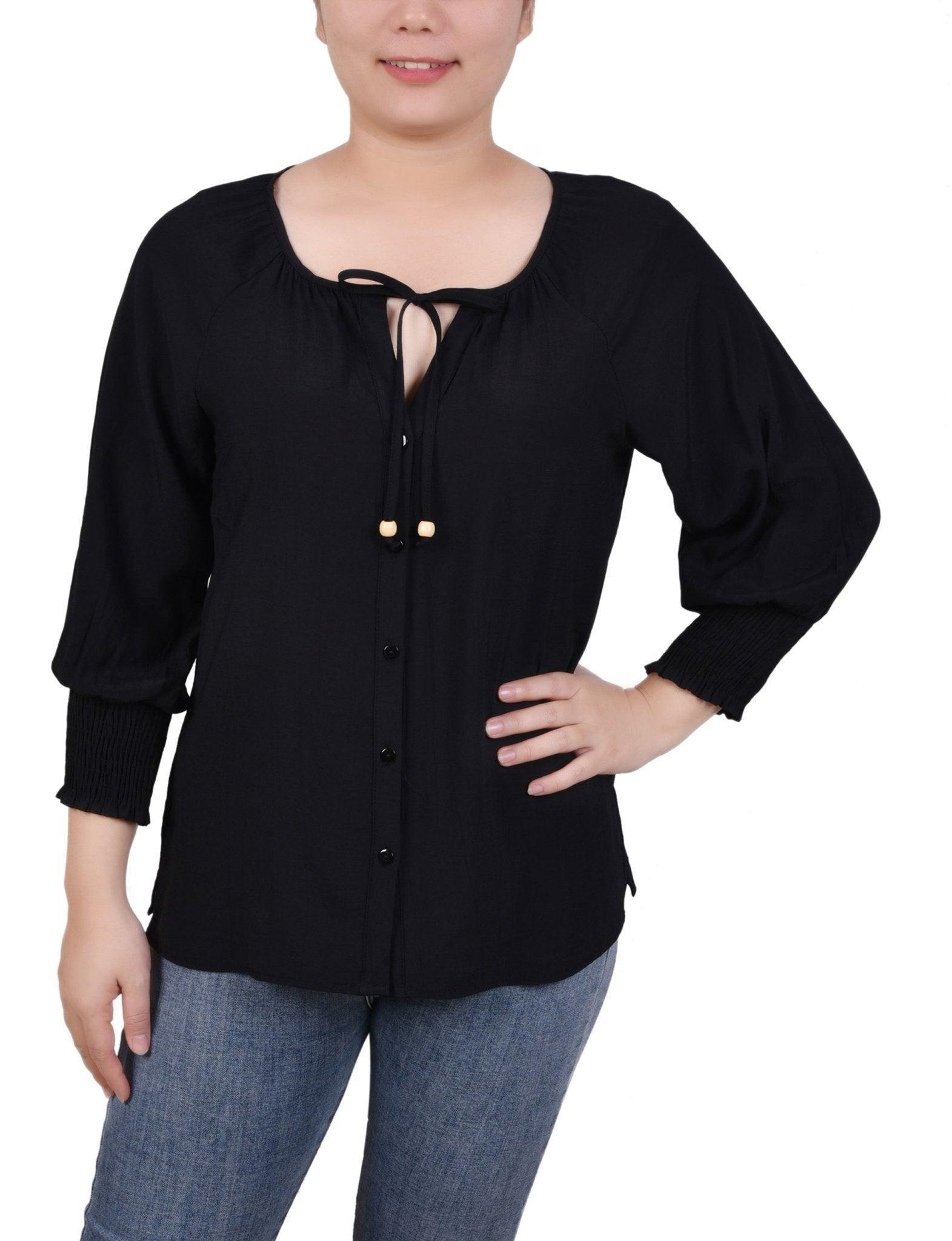 3/4 Sleeve Button Front Blouse - Petite Product Image