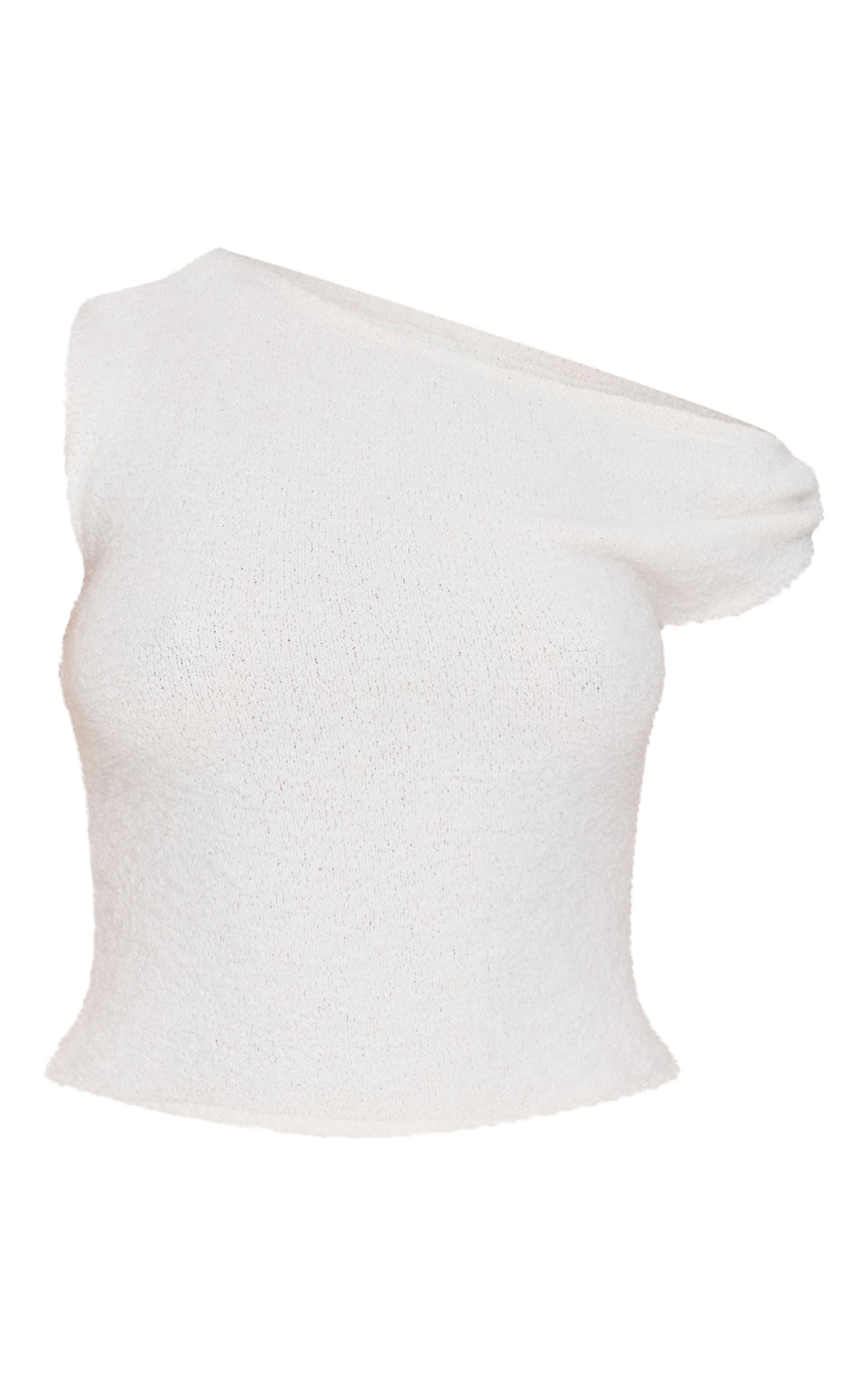 Cream Fluffy Boucle Knit Asymmetric Ruched Shoulder Top Product Image