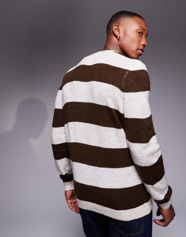 ASOS DESIGN knit textured cardigan with stripe pattern in brown Product Image