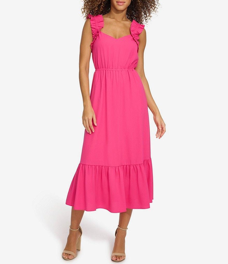 Kensie Dresses Scoop Neck Sleeveless Ruffle Sleeve Tiered Midi Dress Product Image