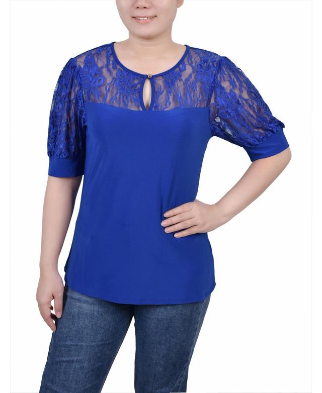 Womens Short Puff Sleeve Top with Lace Sleeves and Yoke Product Image