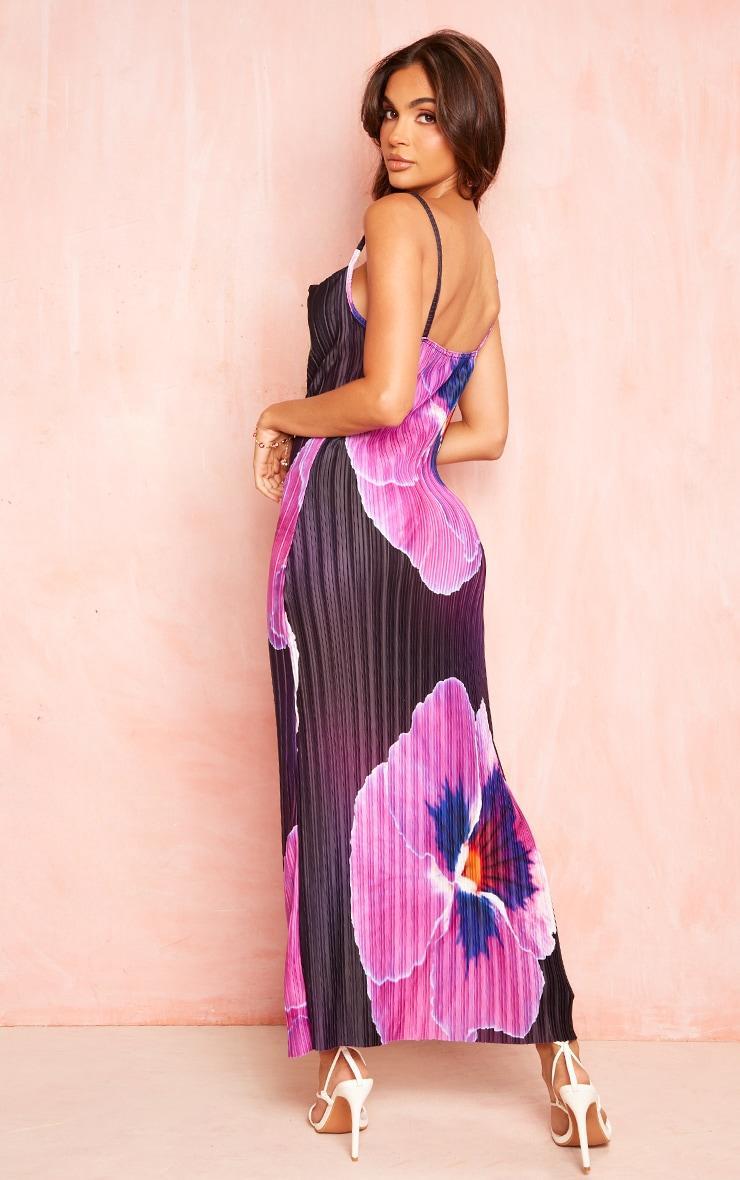 Purple Floral Print Plisse Cowl Neck Maxi Dress Product Image