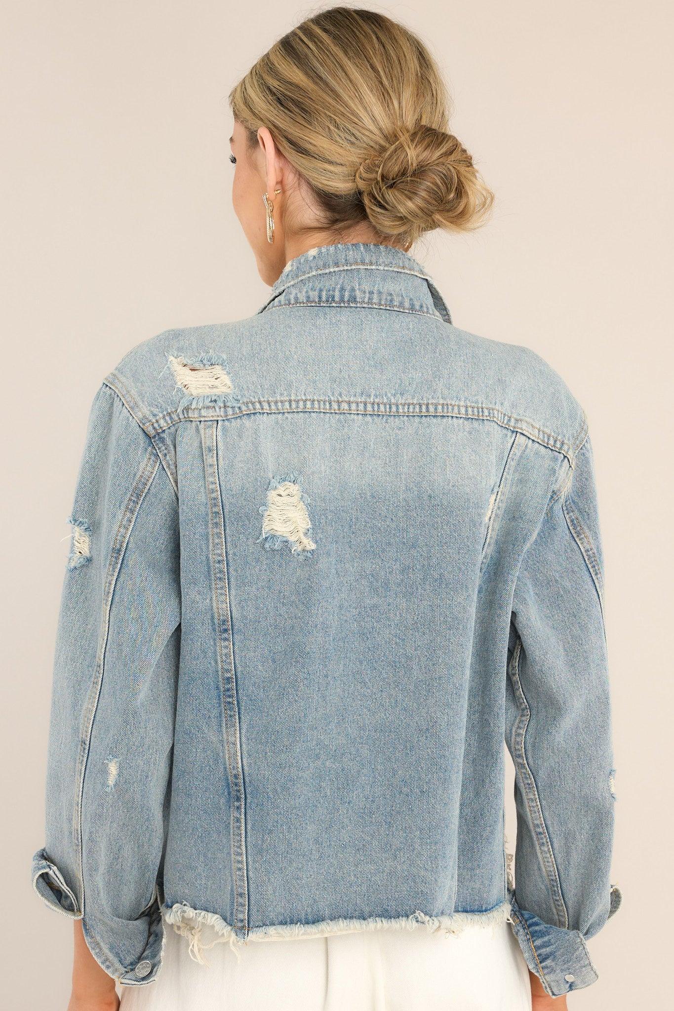 Daring In This Medium Wash Distressed Denim Jacket Blue Product Image