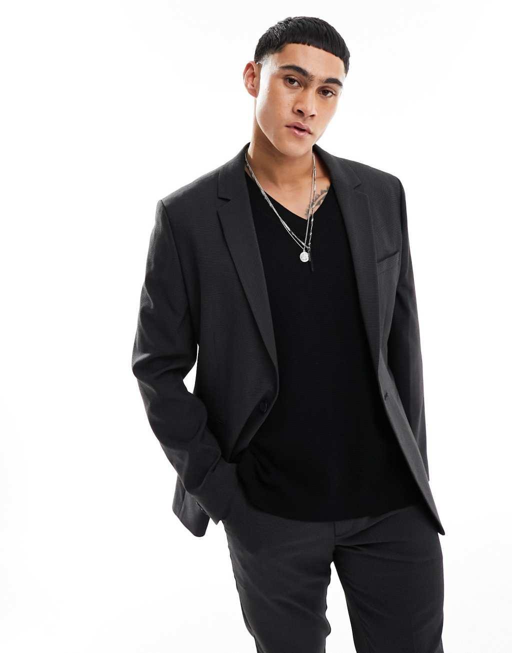 ASOS DESIGN skinny suit jacket in pindot in black Product Image