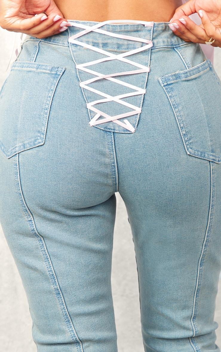 Petite Mid Blue Wash Denim Flares With Ribbon Details Product Image