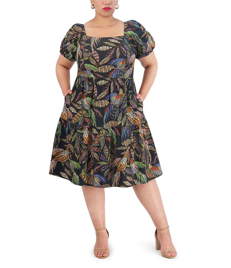 Vince Camuto Plus Size Square Neck 3/4 Sleeve Floral Fit and Flare Dress Product Image