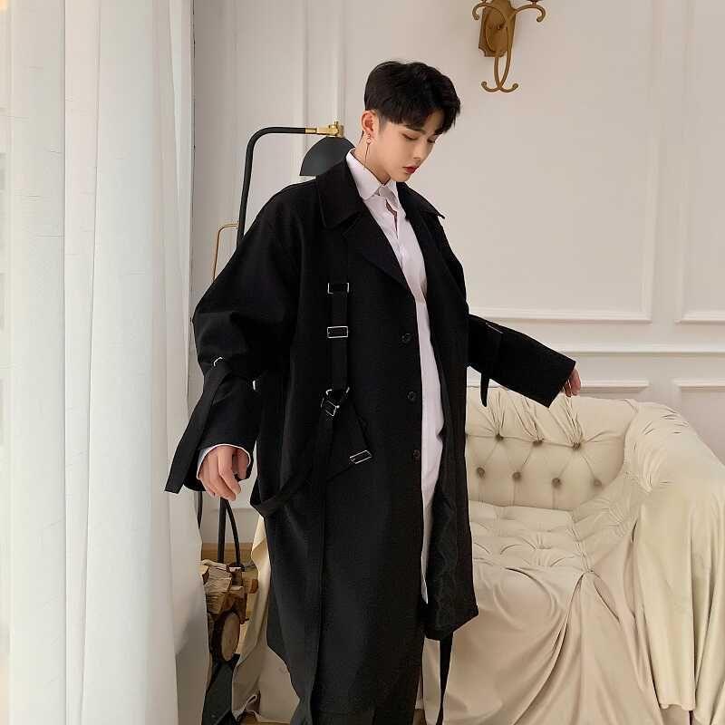 Lapel Collar Plain Buckled Button-Up Long Trench Coat Product Image