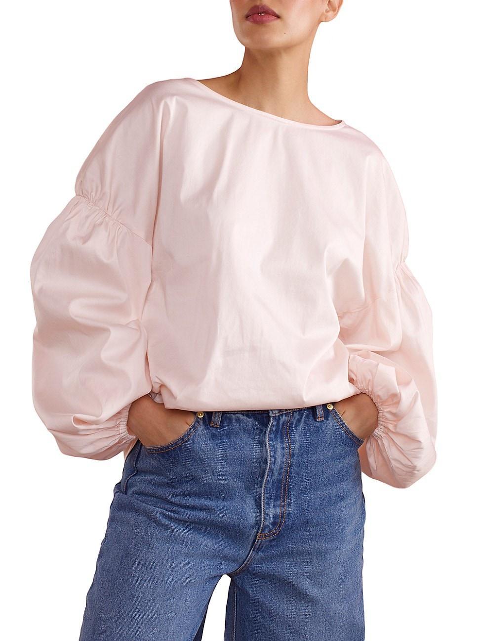 Womens Scallops Cotton Puff-Sleeve Blouse Product Image