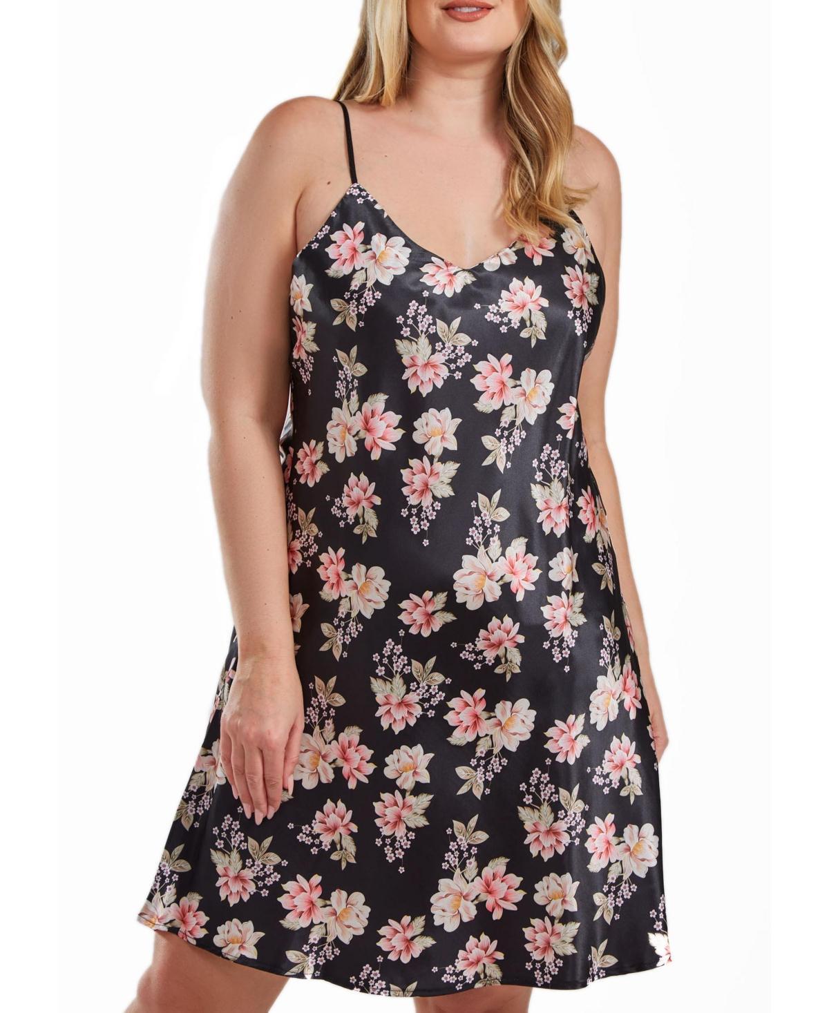 iCollection Cyrus Plus Size Ultra Soft Floral Satin Chemise in Bias Cut Silhouette Product Image