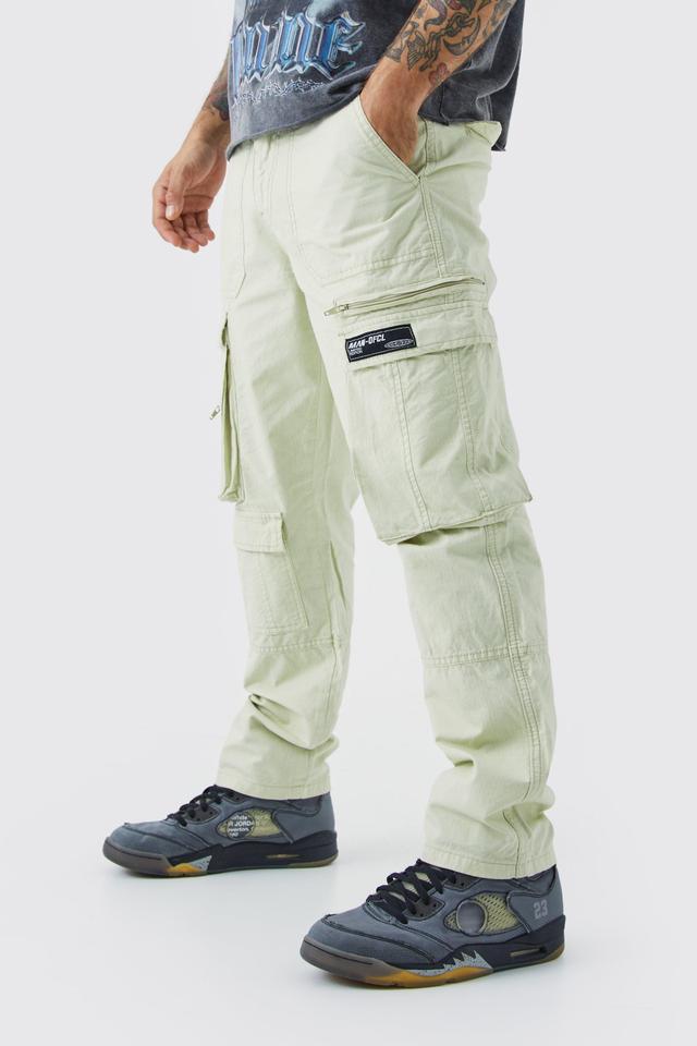 Straight Leg Multi Zip Ripstop Cargo Trouser With Woven Tab | boohooMAN USA Product Image