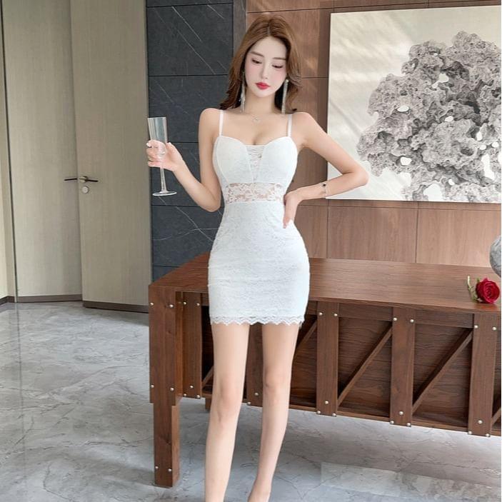 Spaghetti Strap Plain Lace Mini Bodycon Dress Product Image