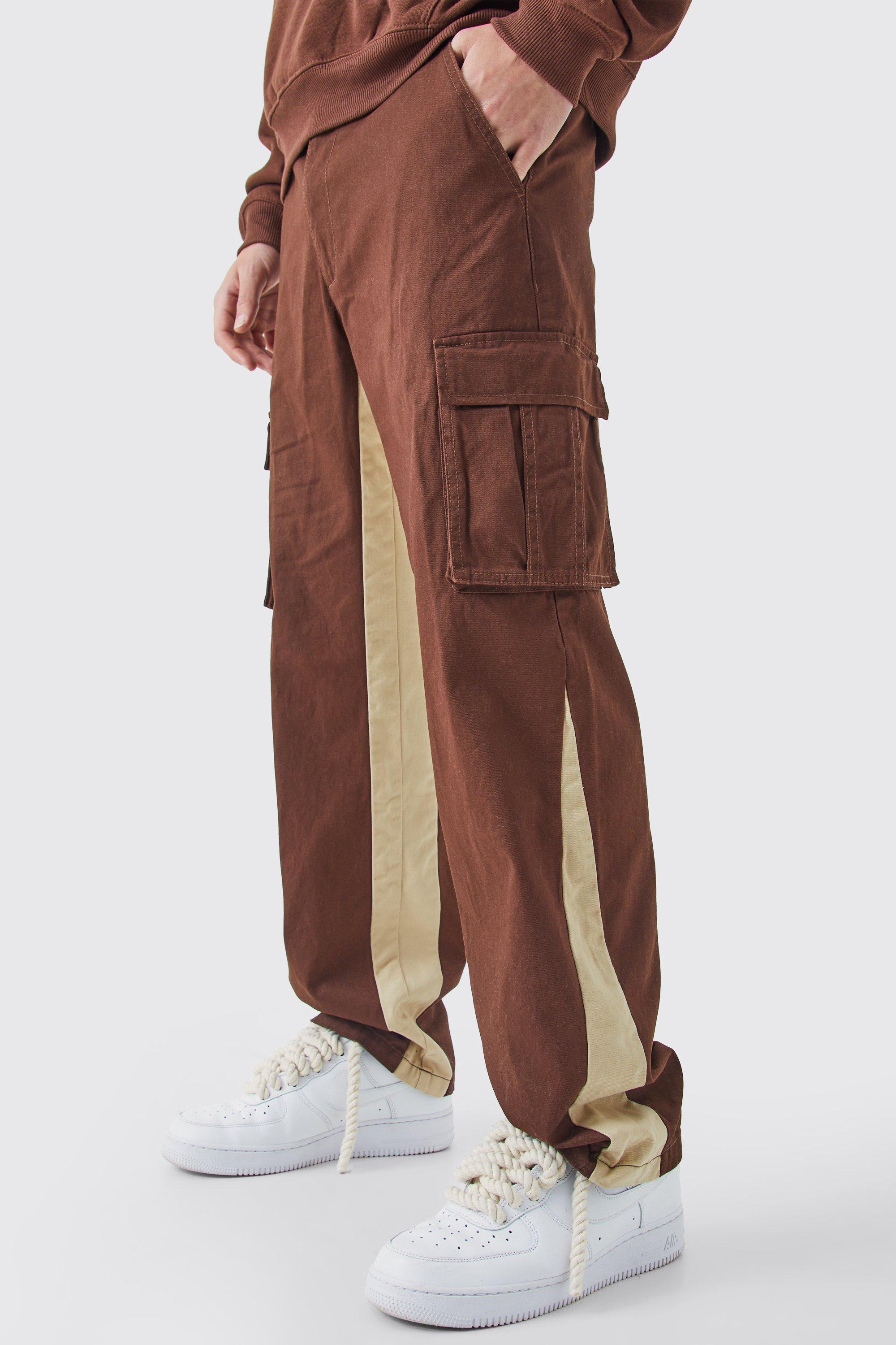 Mens Brown Fixed Waist Gusset Cargo Trousers, Brown Product Image