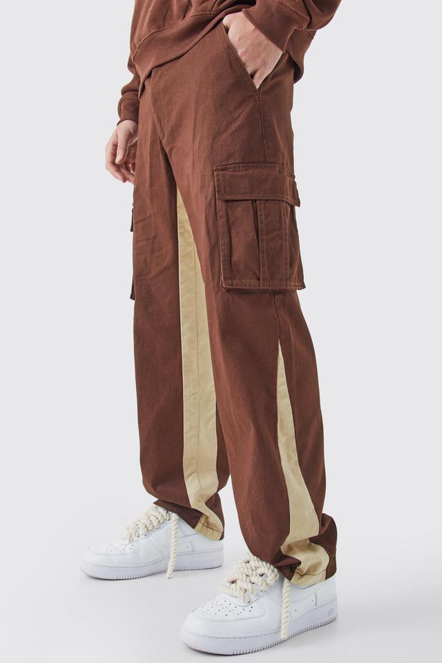 Mens Brown Fixed Waist Gusset Cargo Trousers, Brown Product Image