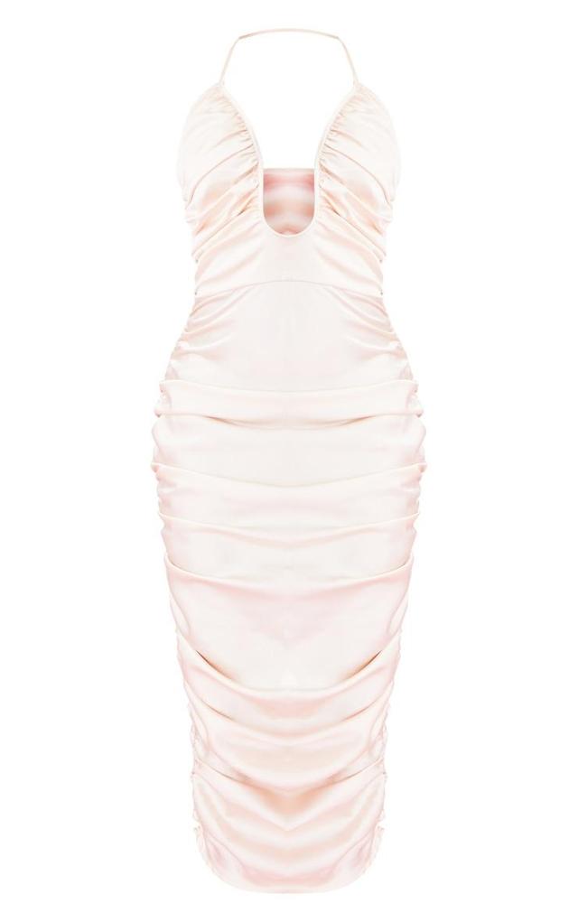 New Nude Satin Plunge Ruched Midaxi Dress Product Image