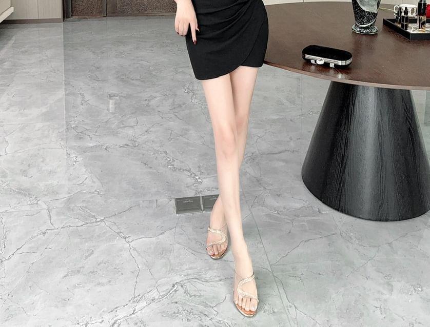 Spaghetti Strap V-Neck Plain Asymmetrical Ruched Mini Bodycon Dress Product Image