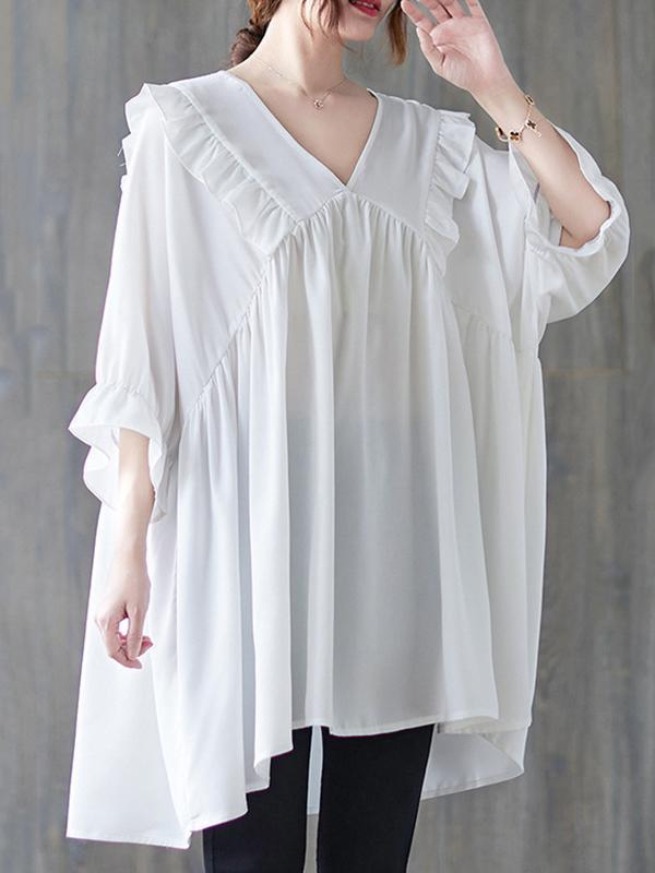 Loose Ruffle Sleeves Ruffled Solid Color Peter Pan Collar Blouses&Shirts Tops Product Image