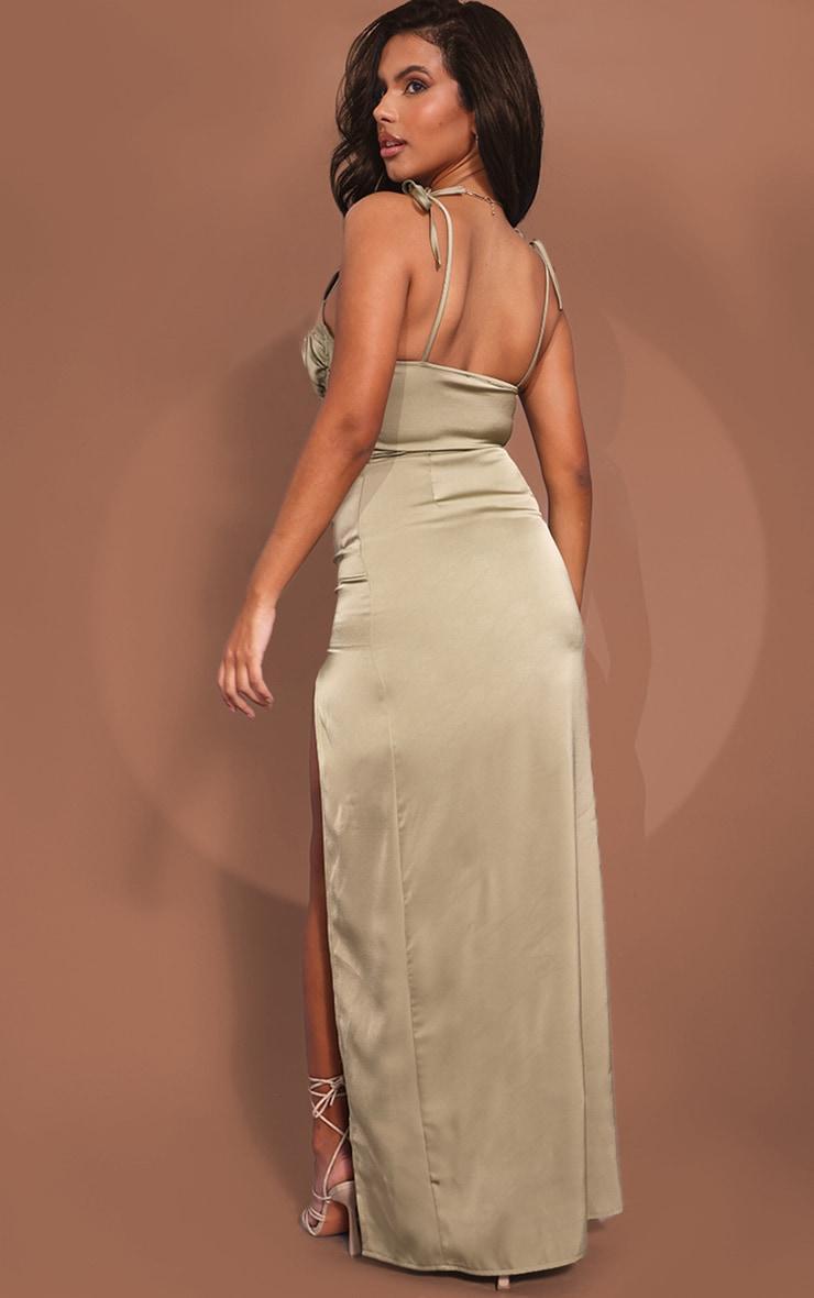 Sage Green Satin Ruched Cup Tie Strap Maxi Dress Product Image