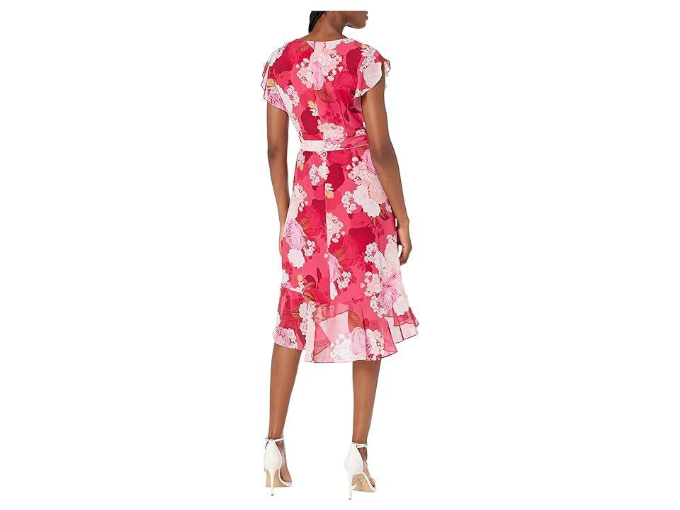 Adrianna Papell Printed Floral Chiffon Side Wrap Dress with Cascade Ruffle Multi) Women's Dress Product Image