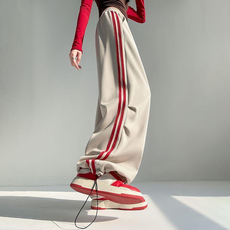 Drawstring Waist Striped Trim Wide Leg Sweatpants Product Image