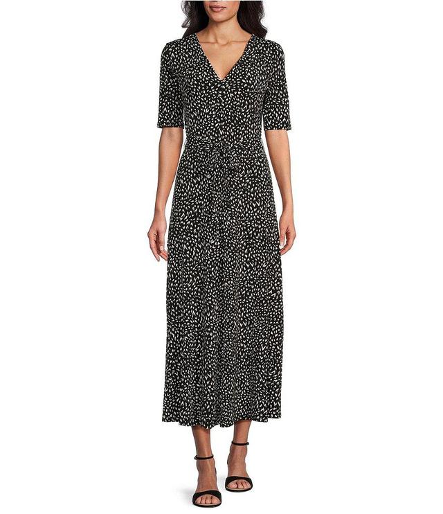 Preston & York Sydney Antelope Print Knit V-Neck Short Sleeve Tie Waist Faux Wrap Midi Dress Product Image