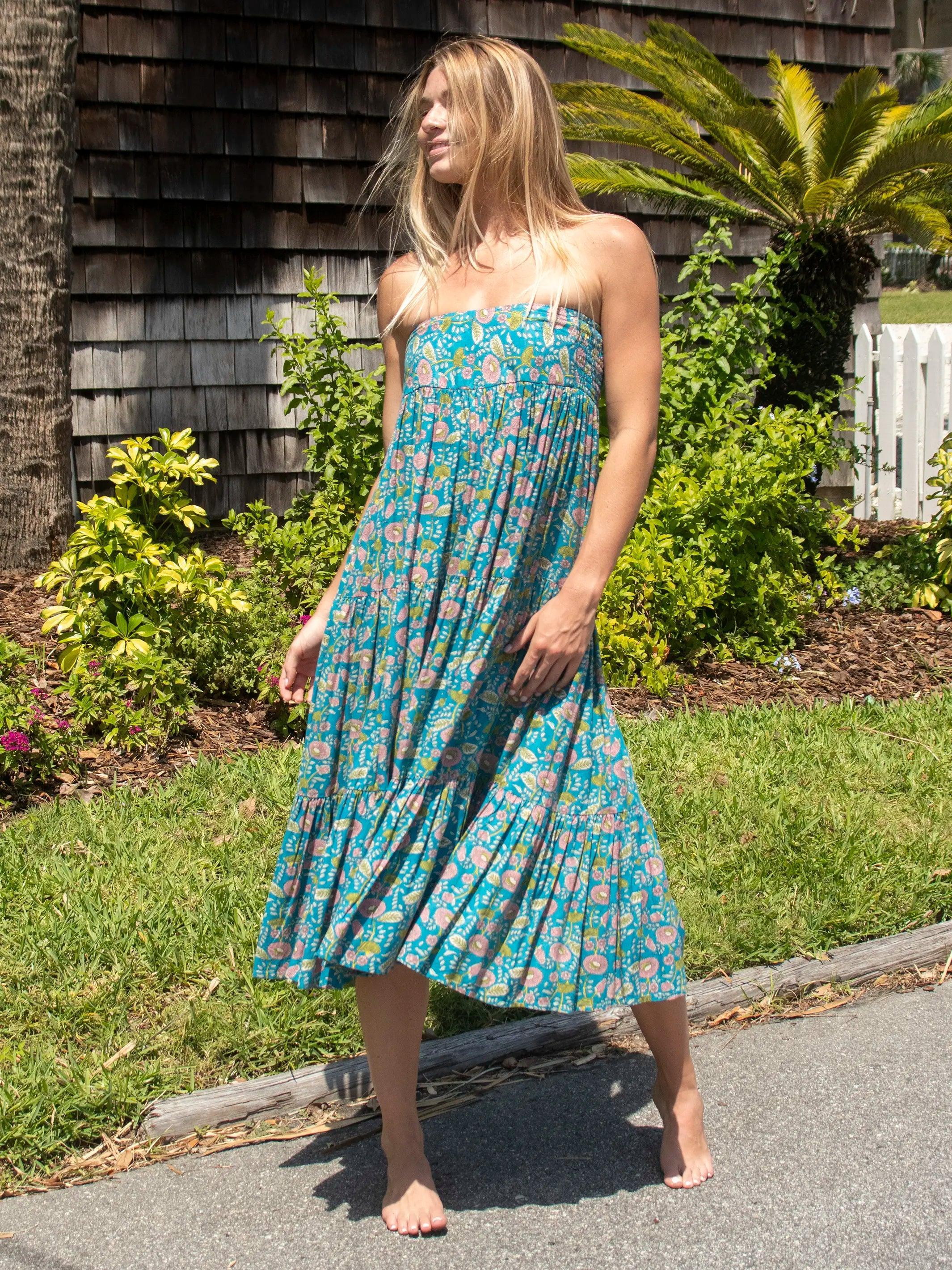 Hanna Convertible Maxi Skirt - Blue Pink Floral Vines Product Image