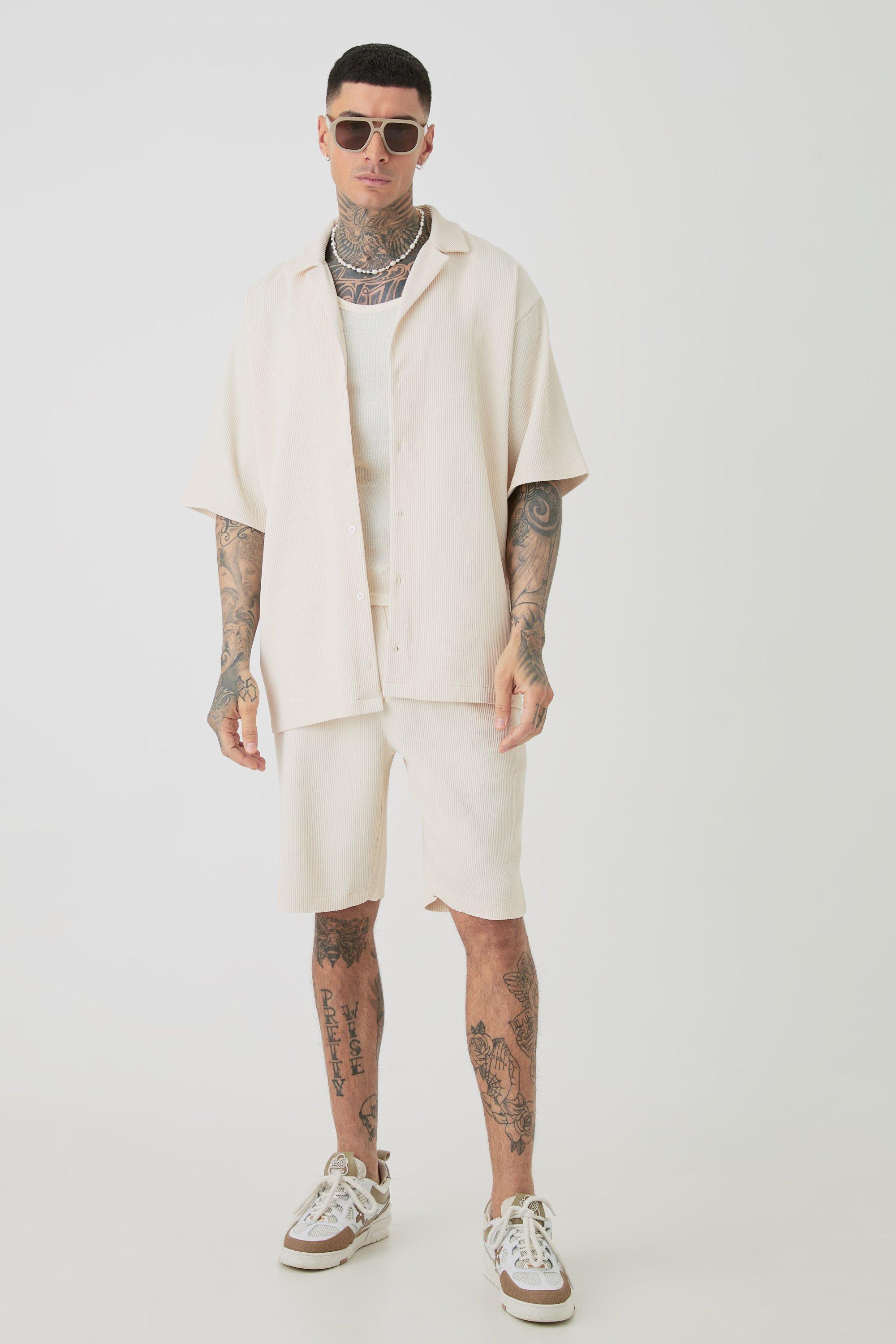 Mens Cream Tall Oversized Pleated Shirt & Short Set In Ecru, Cream Product Image