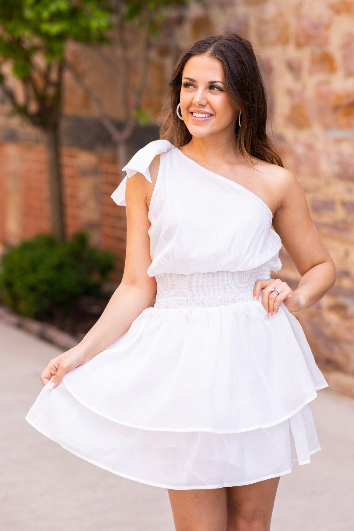 White Smocked Waist On Shoulder Dress Product Image