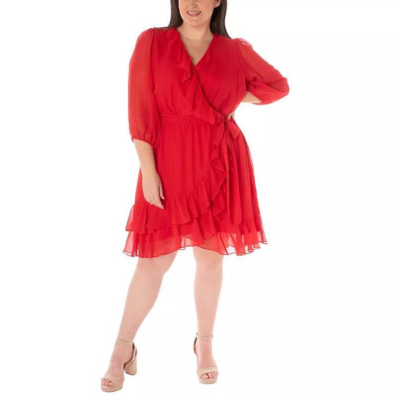 Plus Size Maison Tara Ruffle Trim Faux-Wrap Mini Dress, Womens Purple Product Image