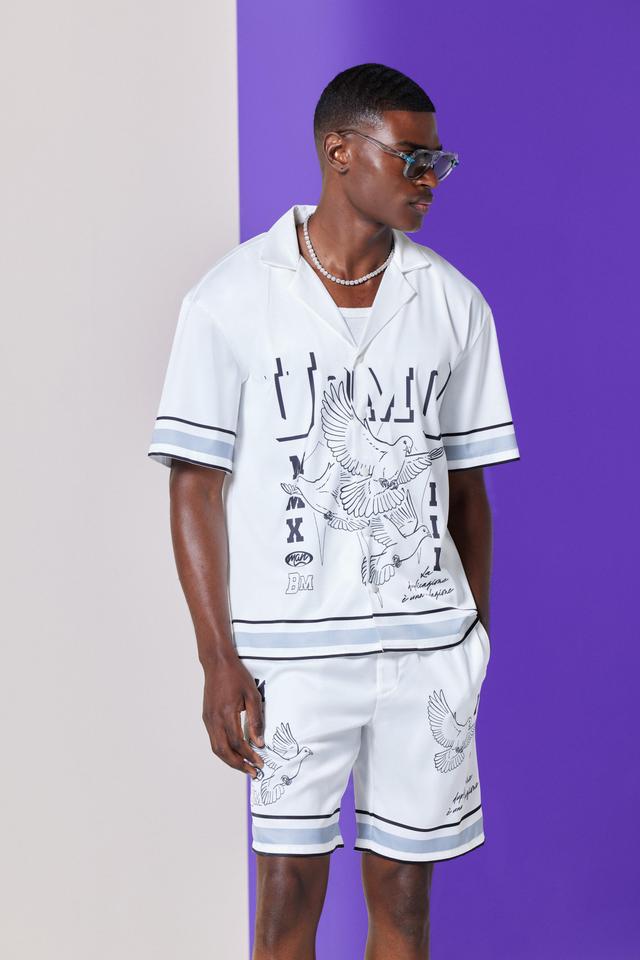 Drop Revere Satin Bird Graphic Shirt And Short Set In White | boohooMAN USA Product Image