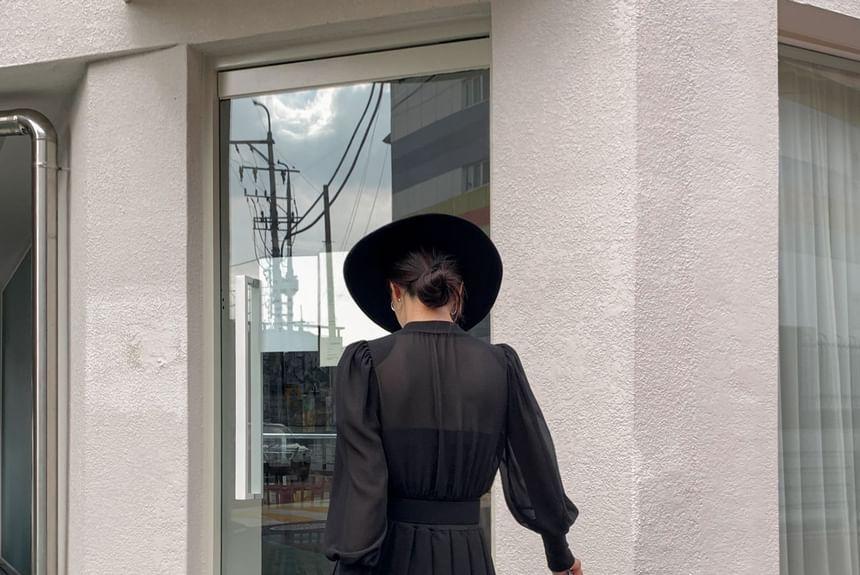 Set: Long-Sleeve See-Through Pleated Midi Dress + Belt Product Image